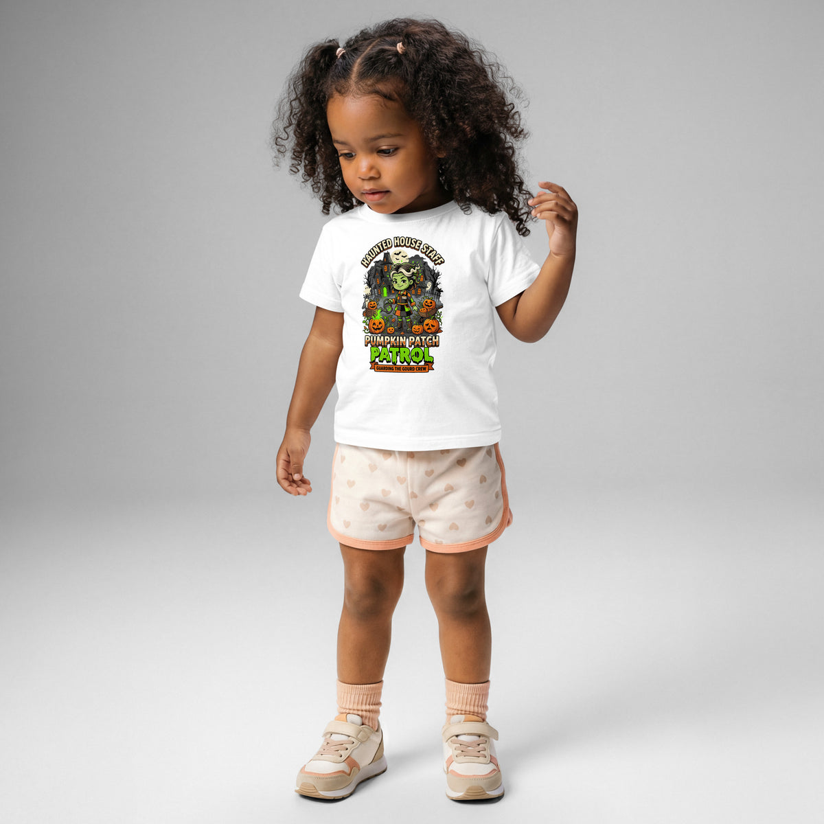 Haunted House Staff Lil Sis “Pumpkin Patch Patrol” Baby Jersey T-Shirt with Pumpkin Patch Patrol front design and matching LIL SIS back graphic for Halloween family outfits