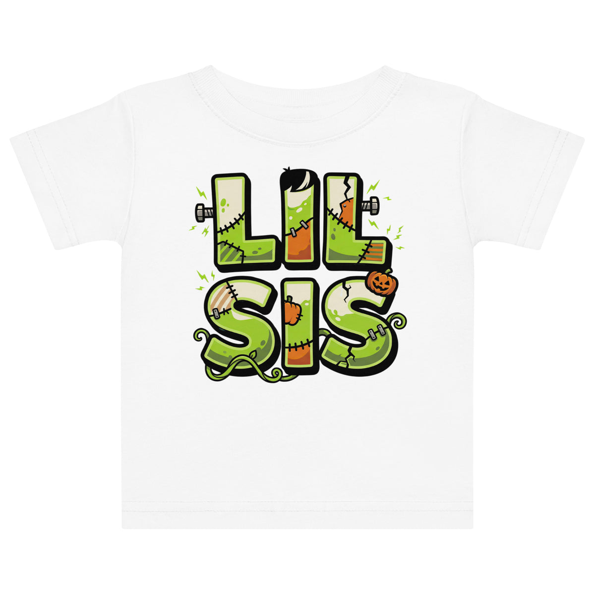LIL SIS Halloween monster name Baby Jersey T-Shirt in Black with spooky front lettering and blank back