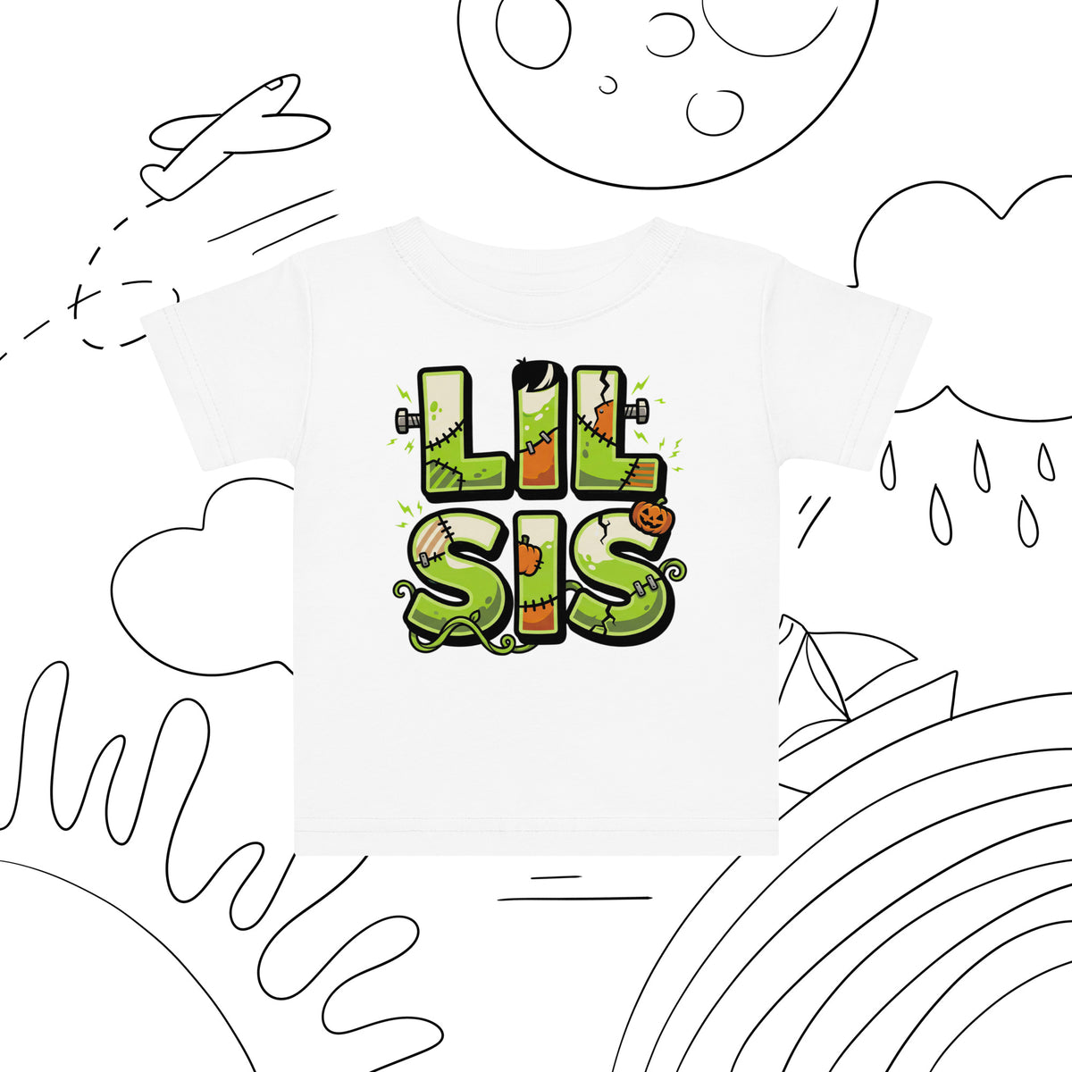 LIL SIS Halloween monster name Baby Jersey T-Shirt in White with spooky front lettering and blank back