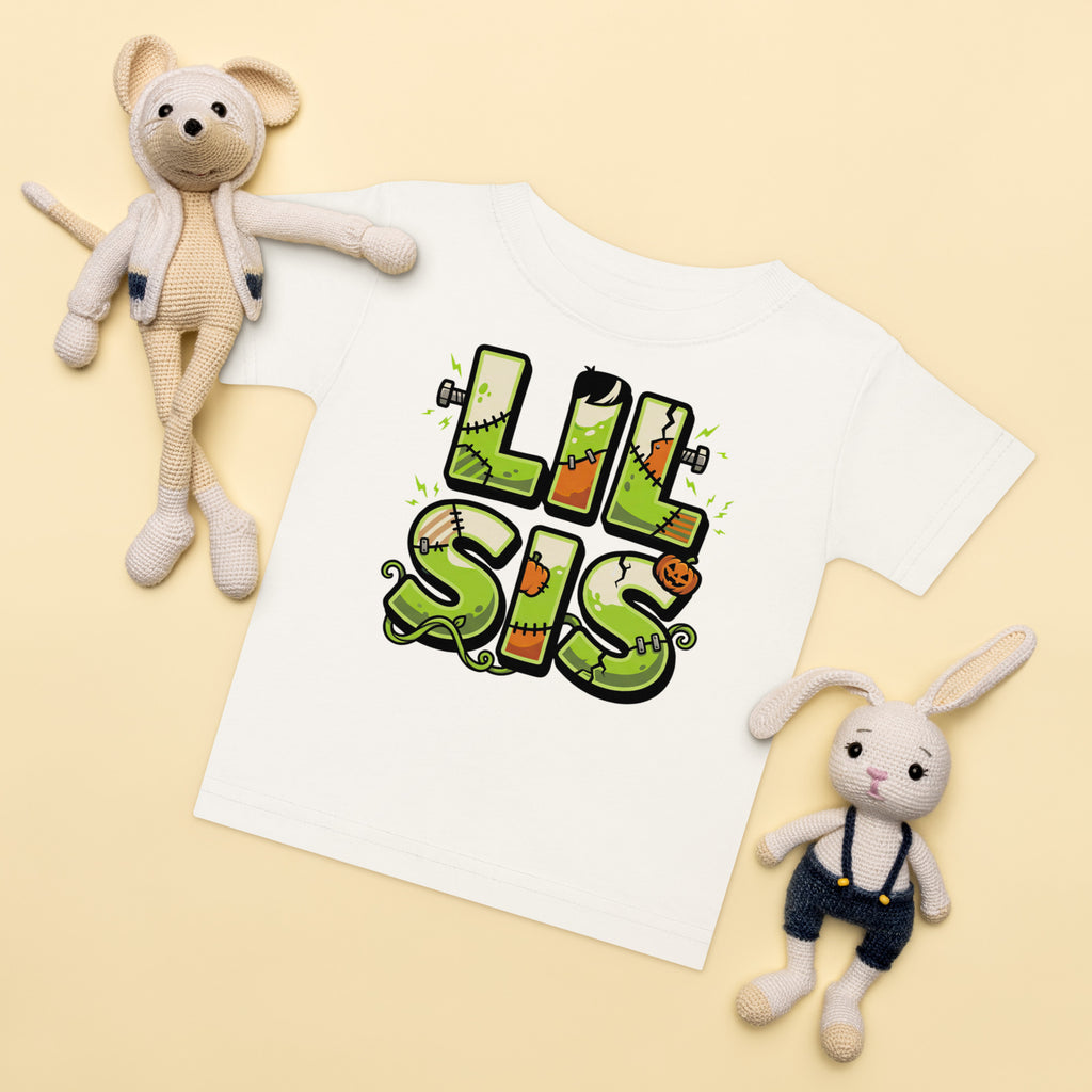 LIL SIS Halloween monster name Baby Jersey T-Shirt with spooky front lettering and blank back