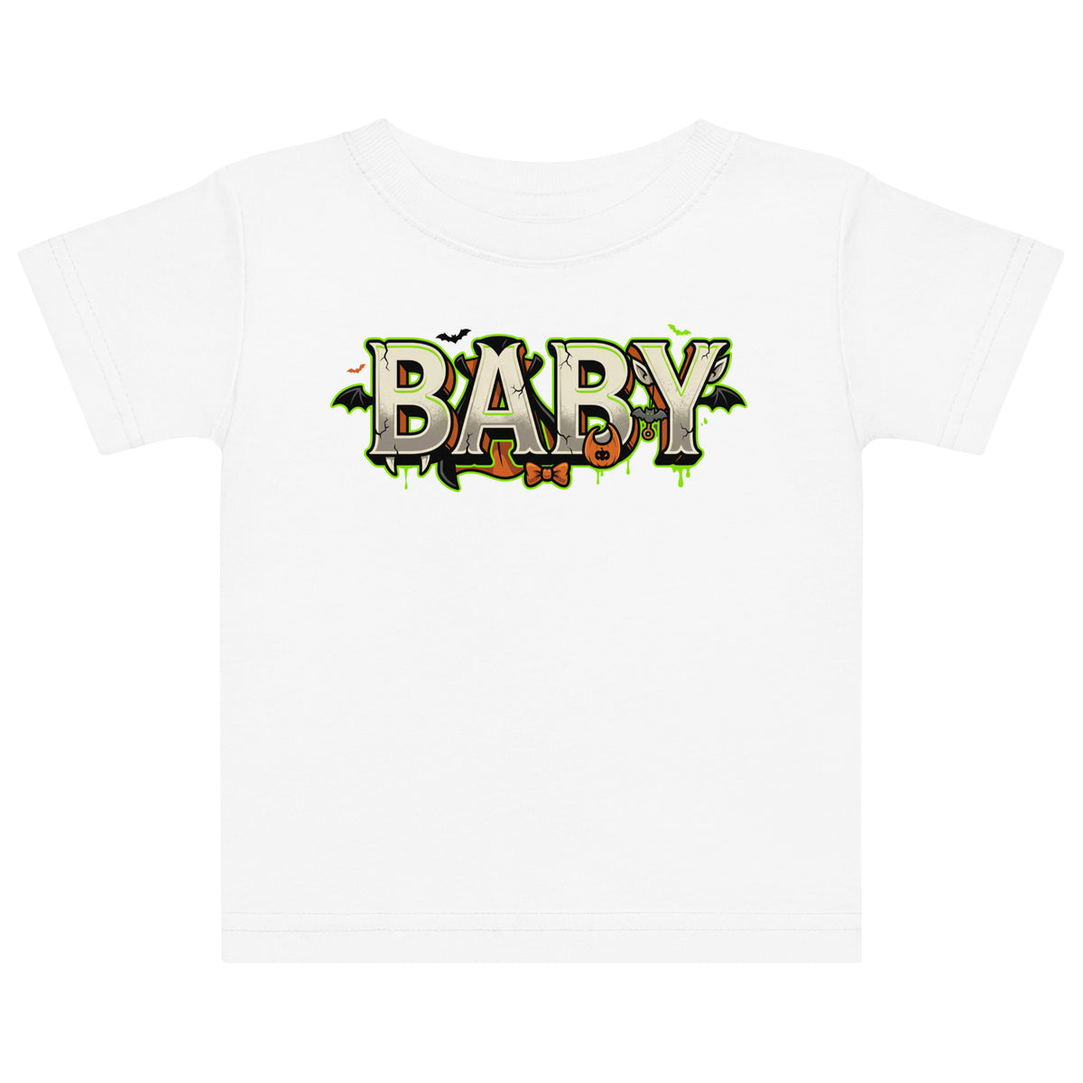 BABY Halloween monster name Baby Jersey T-Shirt in Black with spooky front lettering and blank back