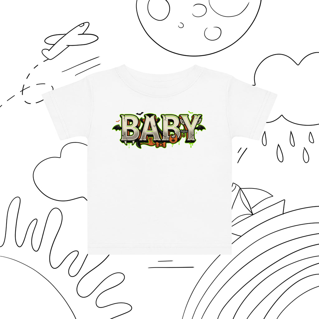 BABY Halloween monster name Baby Jersey T-Shirt with spooky front lettering and blank back