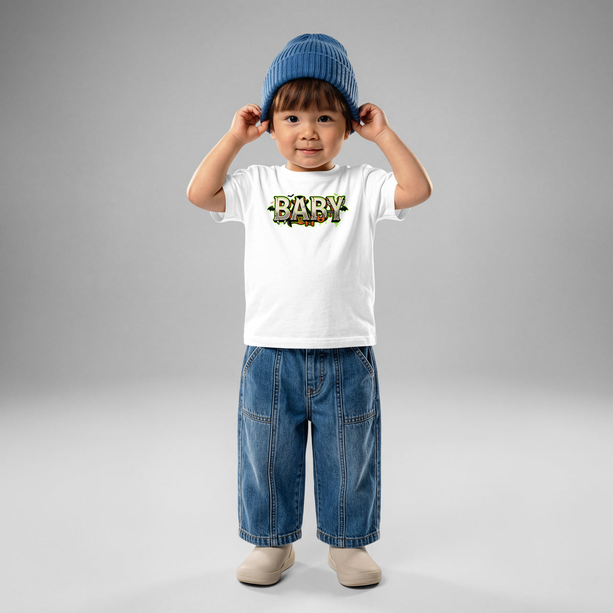 BABY Halloween monster name Baby Jersey T-Shirt in White with spooky front lettering and blank back