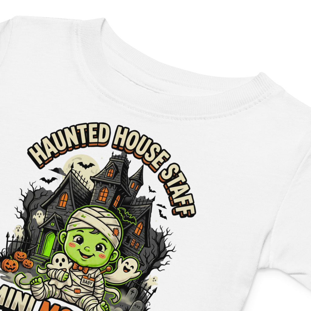 Haunted House Staff Lil Baby “Mini Monster Mascot” Baby Jersey T-Shirt with Mini Monster Mascot front design and matching LIL BABY back graphic for Halloween family outfits