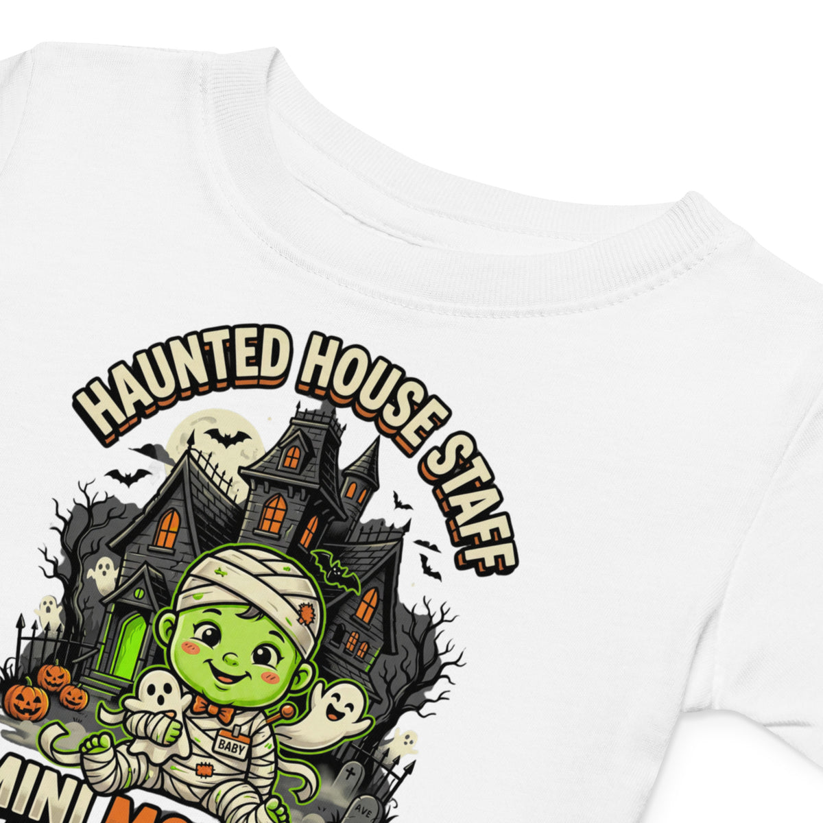 Haunted House Staff Lil Baby “Mini Monster Mascot” Baby Jersey T-Shirt with Mini Monster Mascot front design and matching LIL BABY back graphic for Halloween family outfits