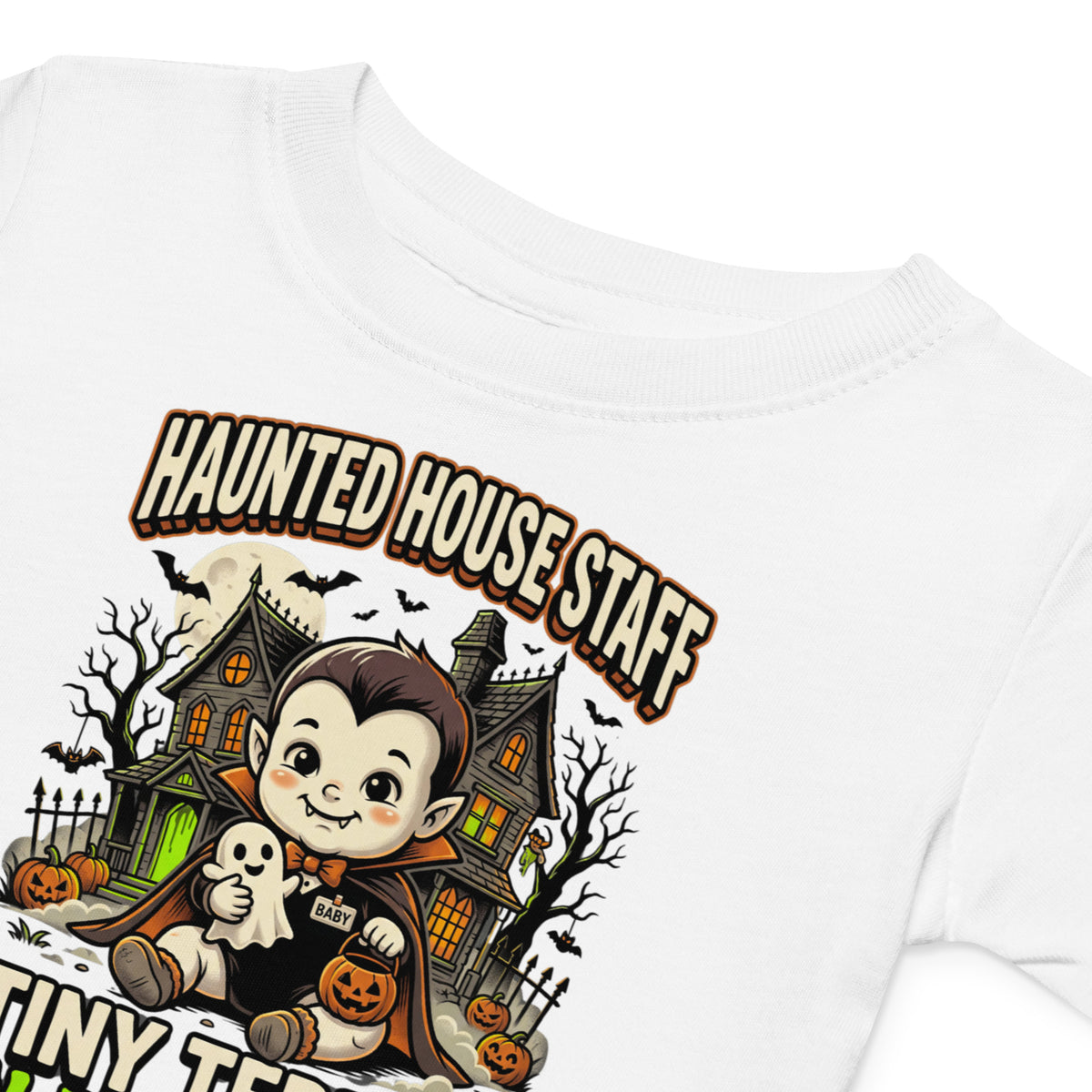 Haunted House Staff Baby “Tiny Terror in Training” Baby Jersey T-Shirt with Tiny Terror in Training front design and matching BABY back graphic for Halloween family outfits