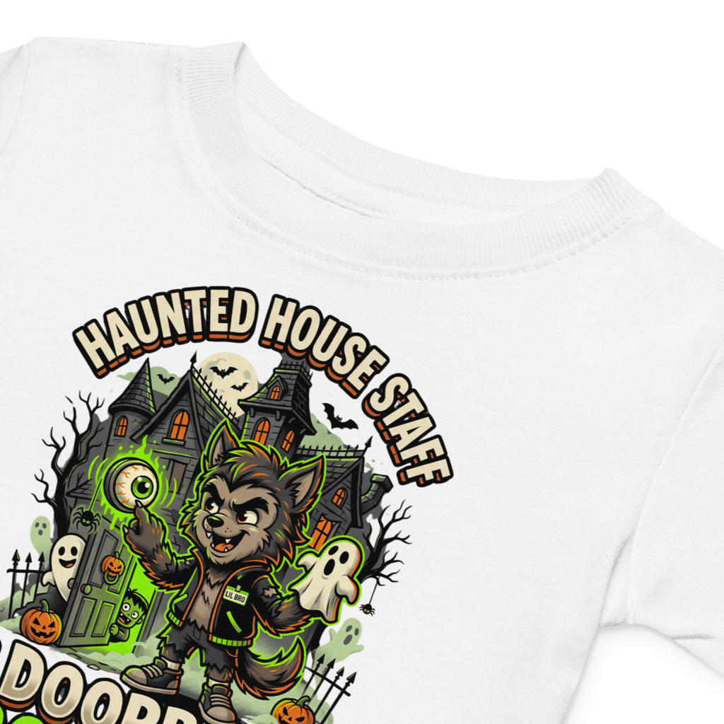 Haunted House Staff Lil Bro “Doorbell Boo Crew” Baby Jersey T-Shirt with Doorbell Boo Crew front design and matching LIL BRO back graphic for Halloween family outfits
