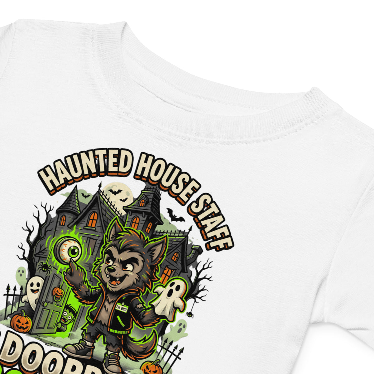 Haunted House Staff Lil Bro “Doorbell Boo Crew” Baby Jersey T-Shirt with Doorbell Boo Crew front design and matching LIL BRO back graphic for Halloween family outfits