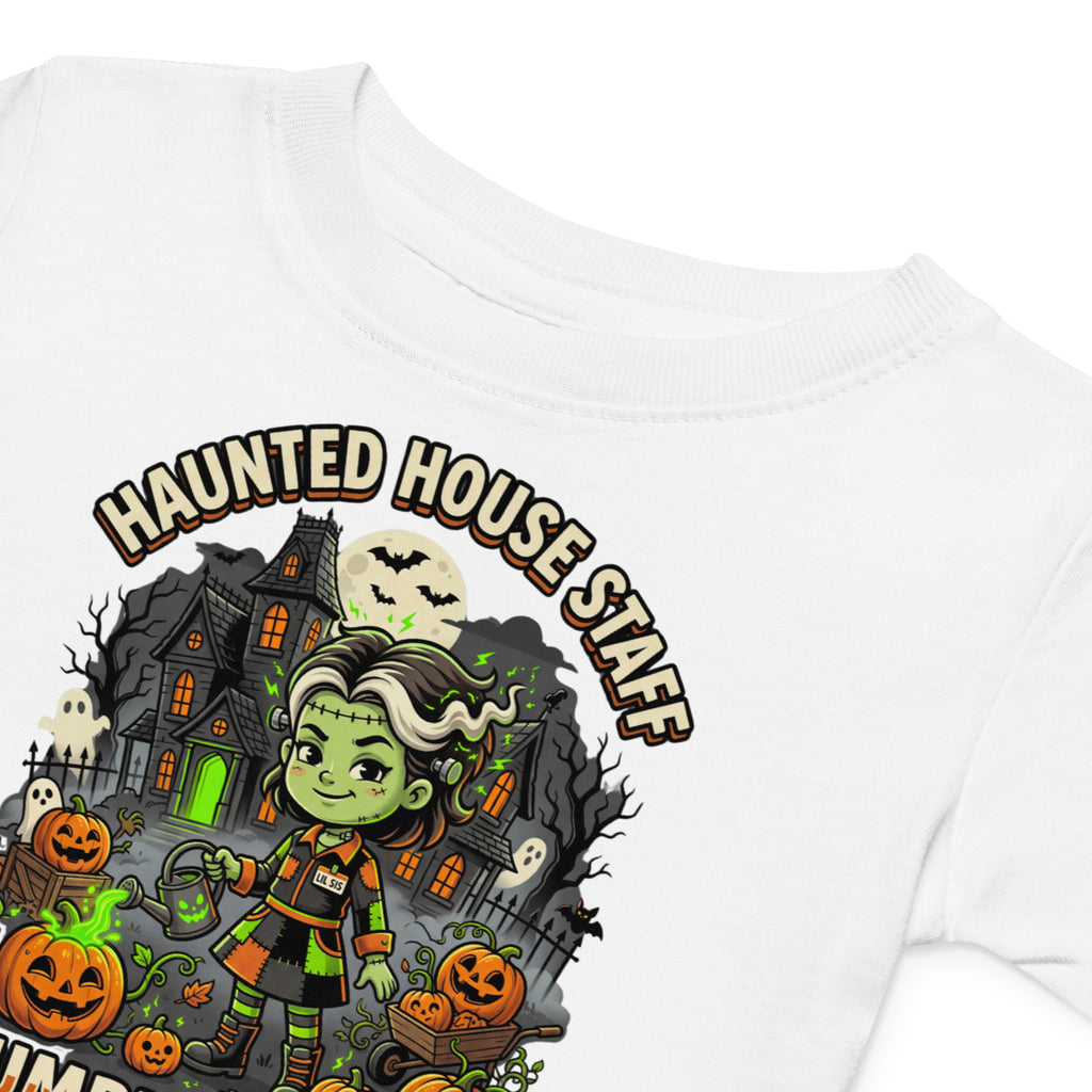 Haunted House Staff Lil Sis “Pumpkin Patch Patrol” Baby Jersey T-Shirt with Pumpkin Patch Patrol front design and matching LIL SIS back graphic for Halloween family outfits