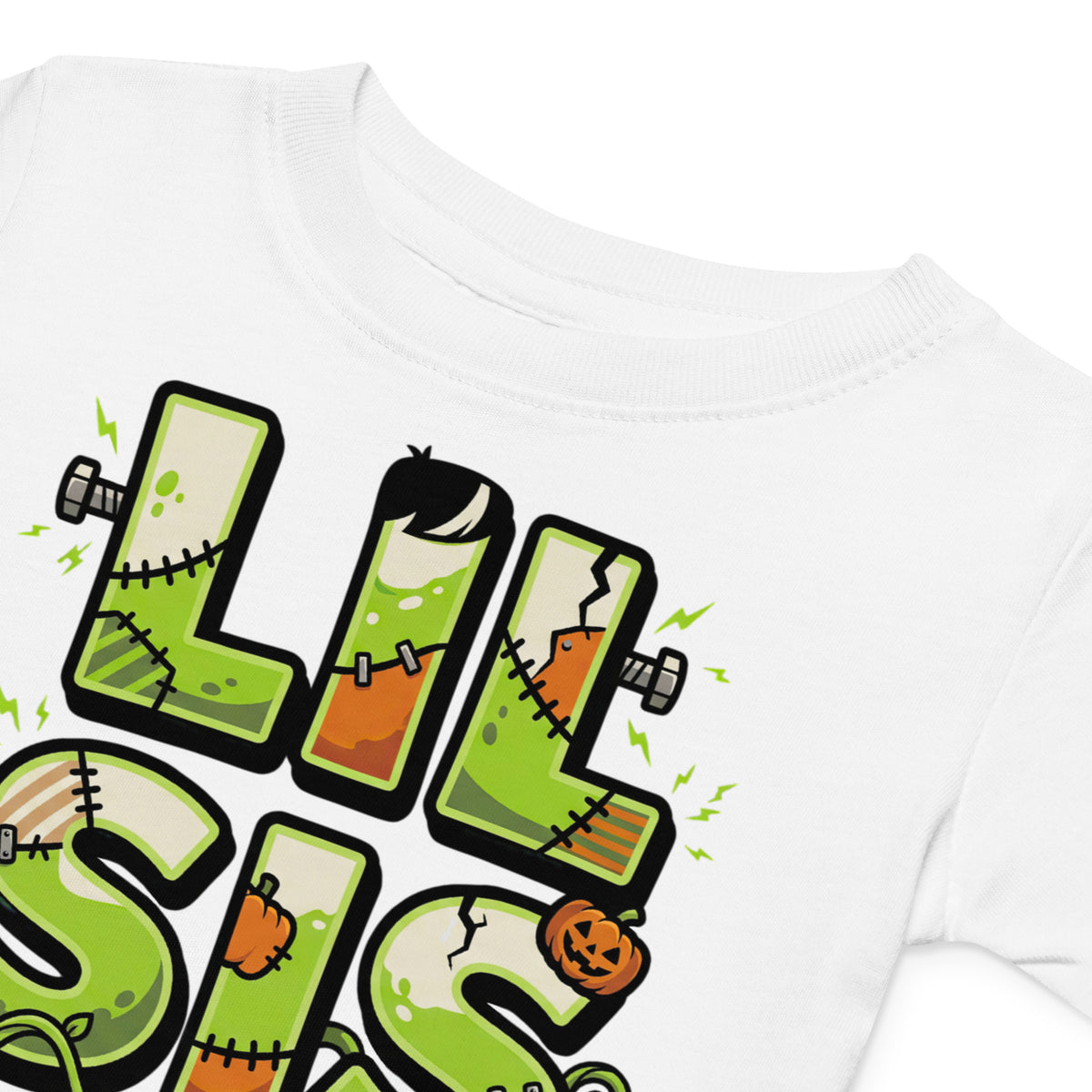 LIL SIS Halloween monster name Baby Jersey T-Shirt with spooky front lettering and blank back