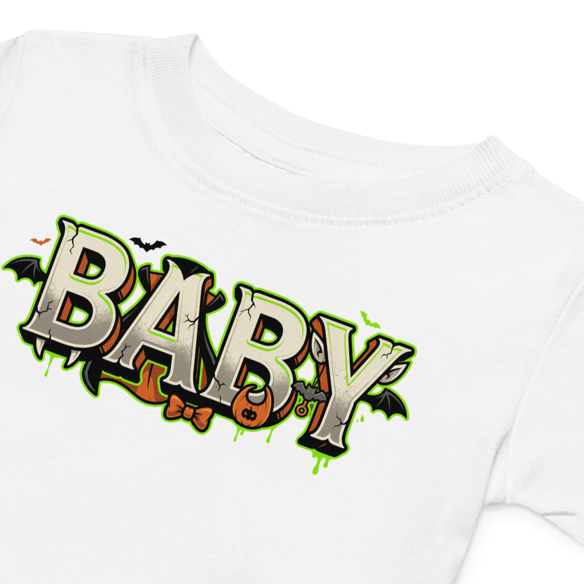 BABY Halloween monster name Baby Jersey T-Shirt with spooky front lettering and blank back
