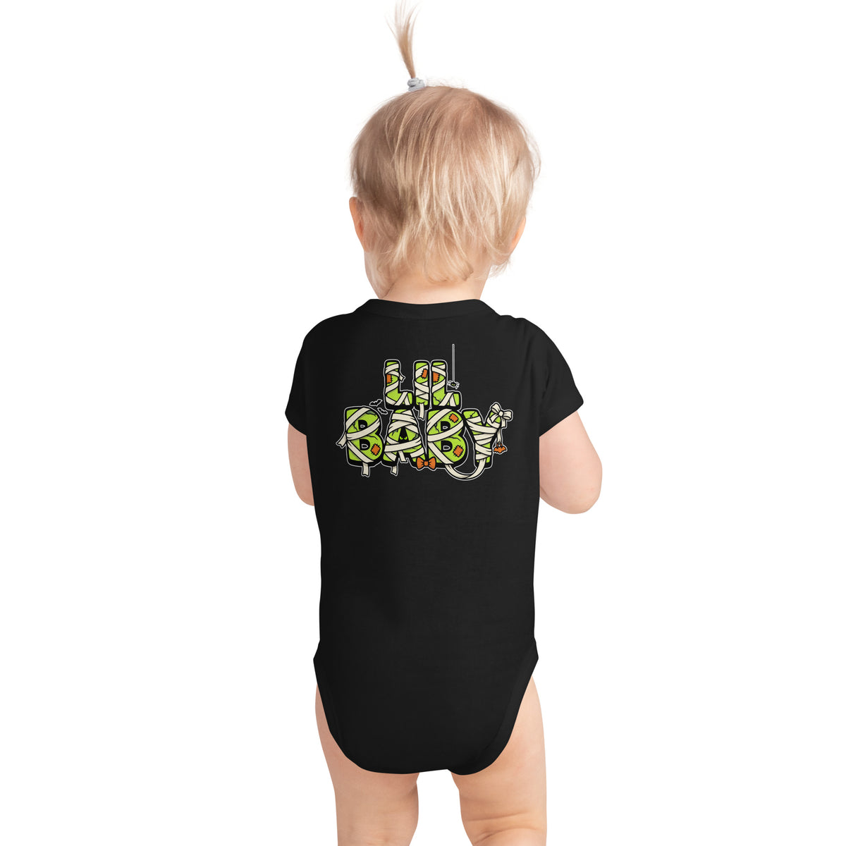 Haunted House Staff Lil Baby “Mini Monster Mascot” Infant Bodysuit with Mini Monster Mascot front design and matching LIL BABY back graphic for Halloween family outfits