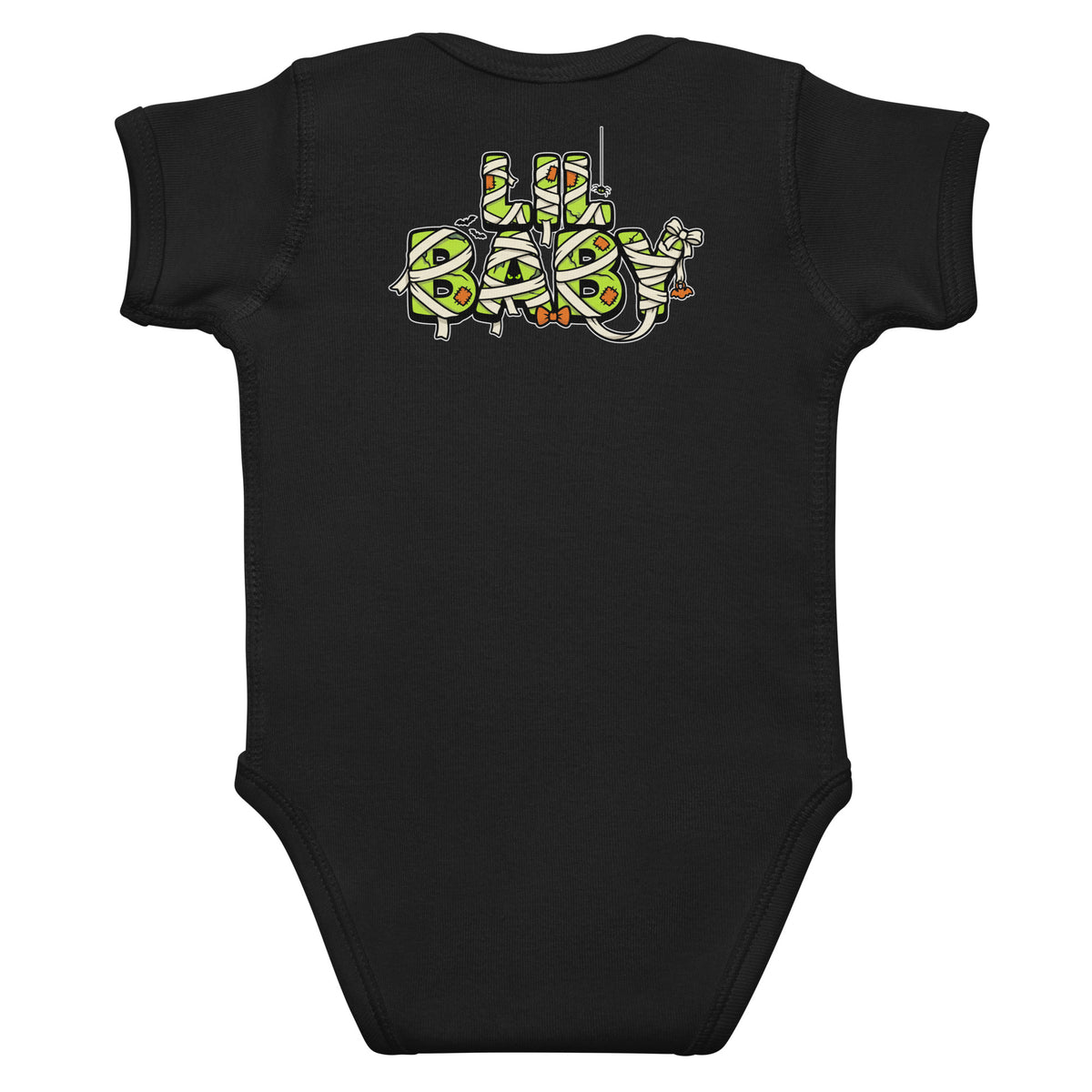 Haunted House Staff Lil Baby “Mini Monster Mascot” Infant Bodysuit with Mini Monster Mascot front design and matching LIL BABY back graphic for Halloween family outfits