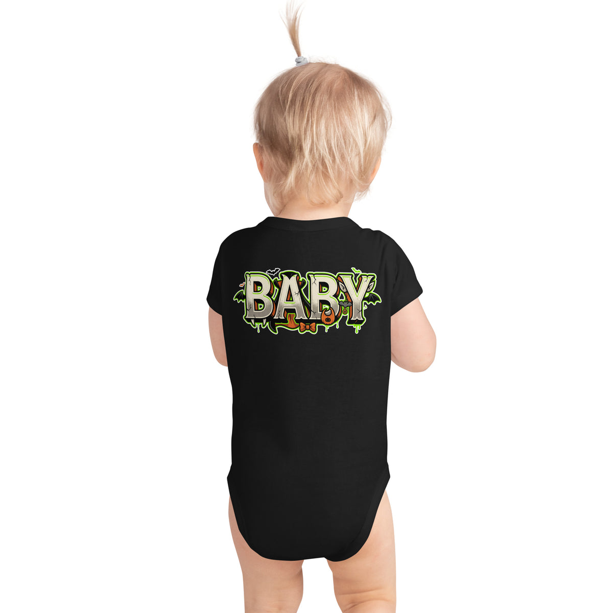 Haunted House Staff Baby “Tiny Terror in Training” Infant Bodysuit with Tiny Terror in Training front design and matching BABY back graphic for Halloween family outfits