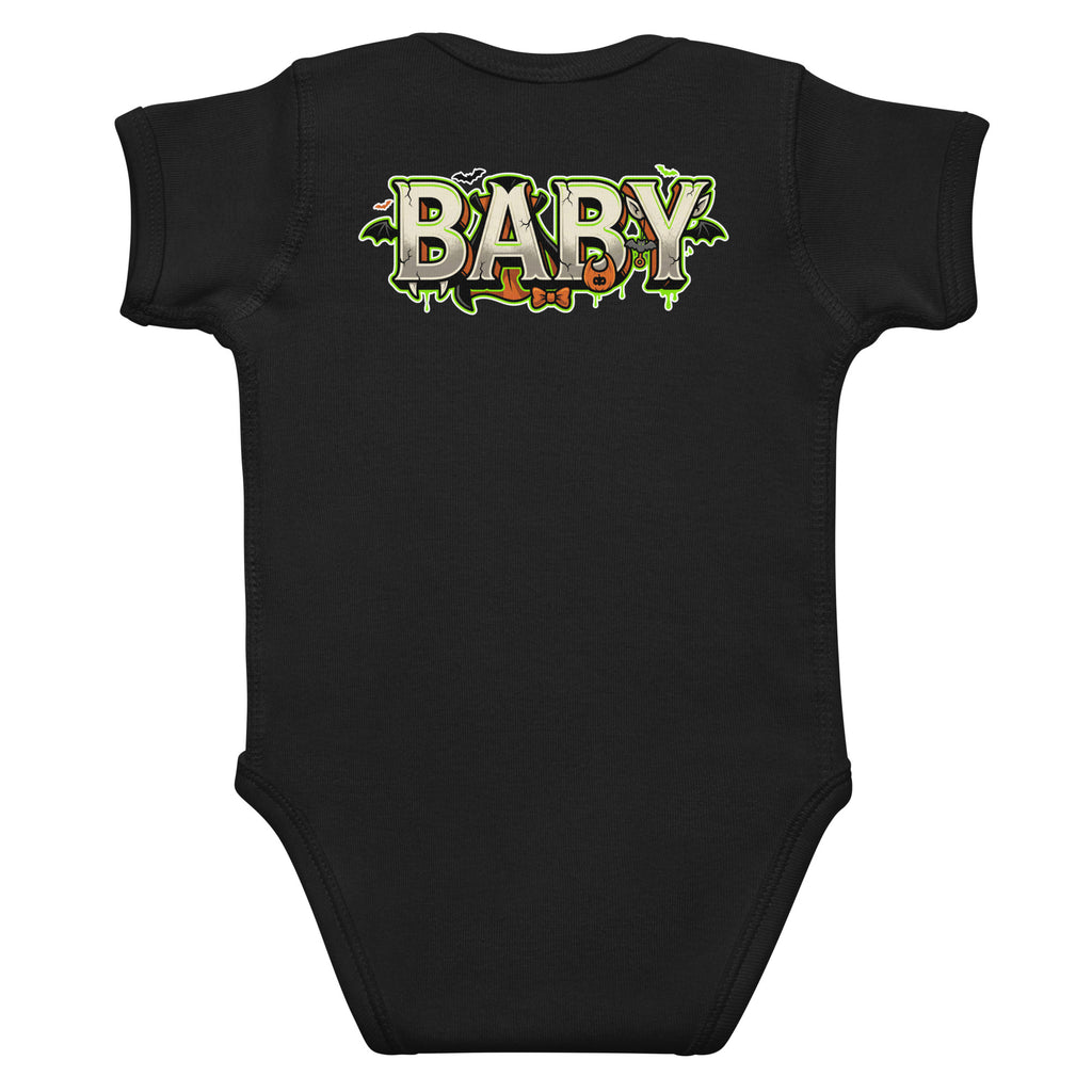 Haunted House Staff Baby “Tiny Terror in Training” Infant Bodysuit with Tiny Terror in Training front design and matching BABY back graphic for Halloween family outfits
