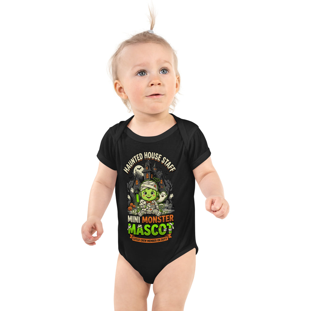 Haunted House Staff Lil Baby “Mini Monster Mascot” Infant Bodysuit with Mini Monster Mascot front design and matching LIL BABY back graphic for Halloween family outfits