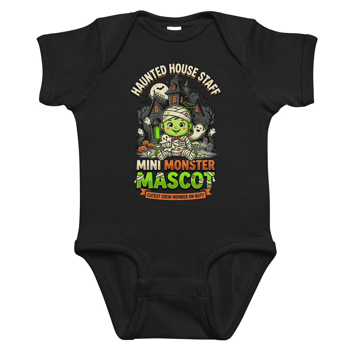 Haunted House Staff Lil Baby “Mini Monster Mascot” Infant Bodysuit with Mini Monster Mascot front design and matching LIL BABY back graphic for Halloween family outfits
