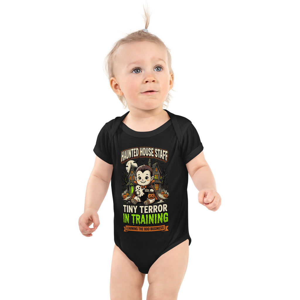Haunted House Staff Baby “Tiny Terror in Training” Infant Bodysuit with Tiny Terror in Training front design and matching BABY back graphic for Halloween family outfits