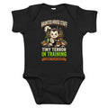 Haunted House Staff Baby “Tiny Terror in Training” Infant Bodysuit with Tiny Terror in Training front design and matching BABY back graphic for Halloween family outfits