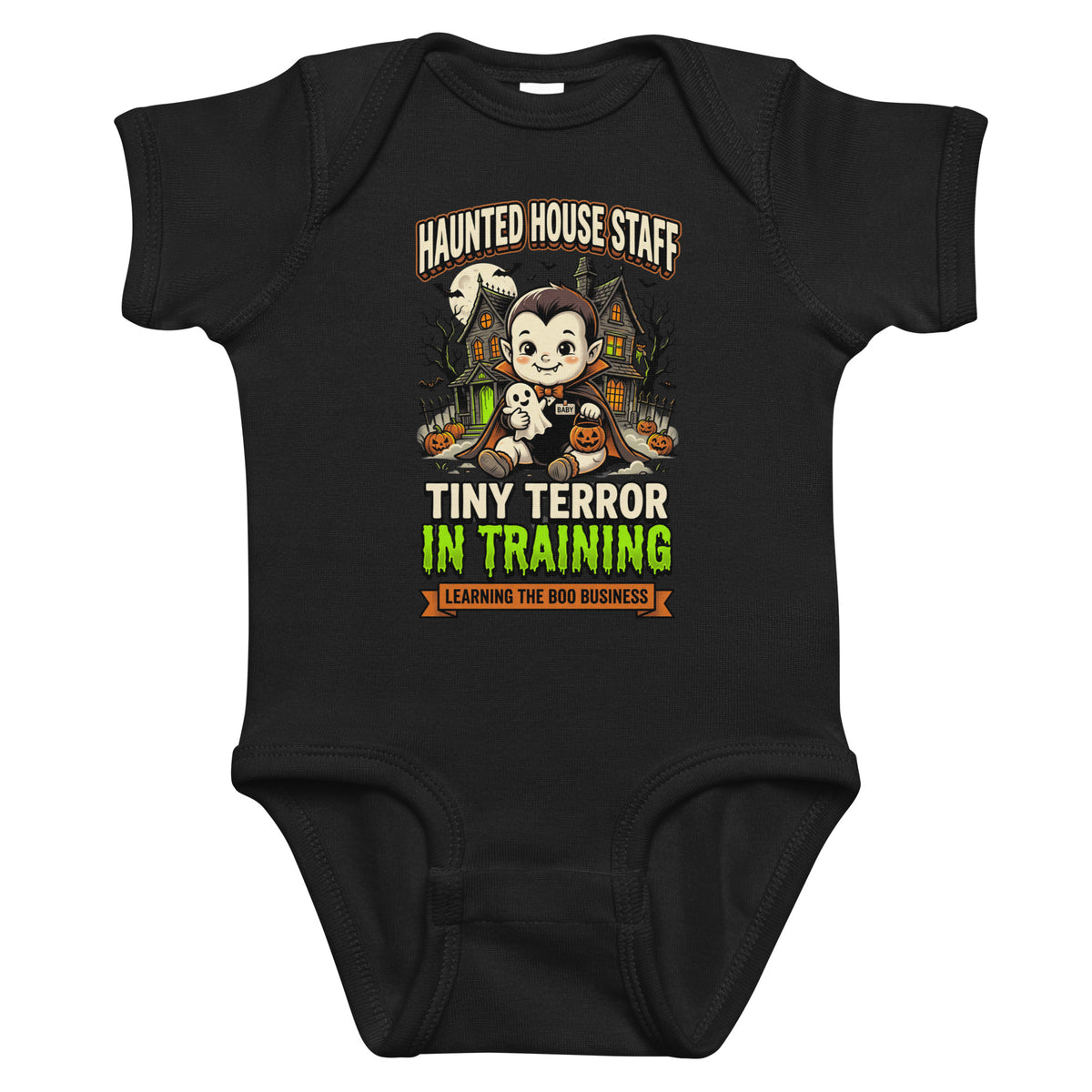 Haunted House Staff Baby “Tiny Terror in Training” Infant Bodysuit with Tiny Terror in Training front design and matching BABY back graphic for Halloween family outfits