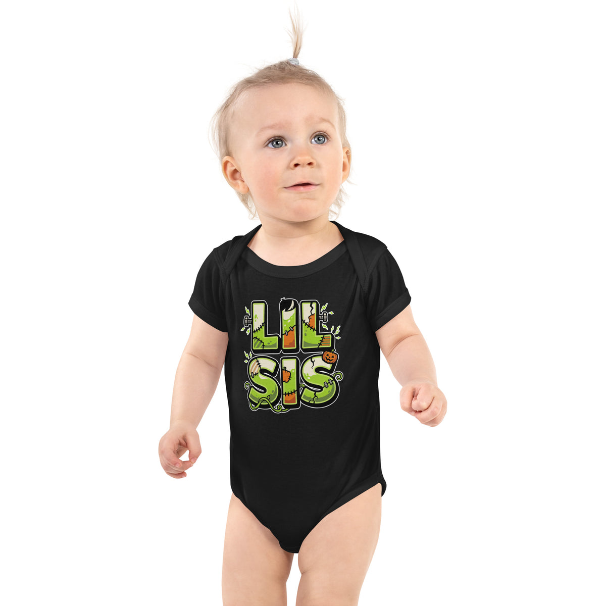 LIL SIS Halloween monster name Infant Bodysuit in White with spooky front lettering and blank back