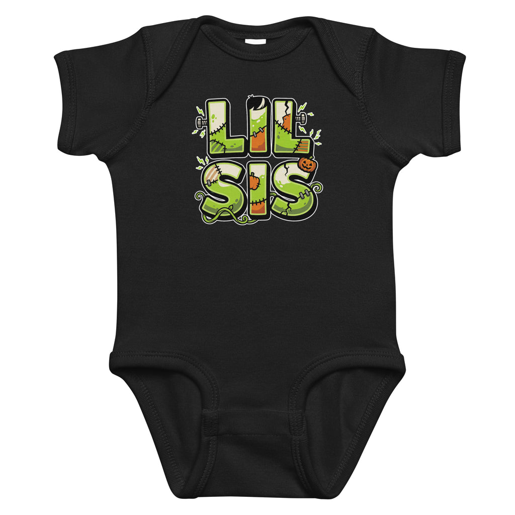 LIL SIS Halloween monster name Infant Bodysuit in Black with spooky front lettering and blank back