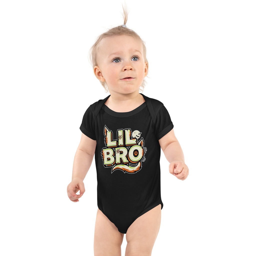 LIL BRO Halloween monster name Infant Bodysuit in White with spooky front lettering and blank back