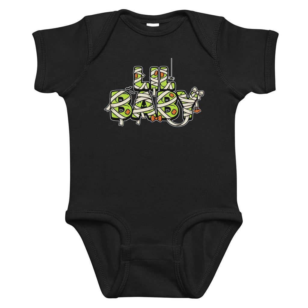 LIL BABY Halloween monster name Infant Bodysuit in Black with spooky front lettering and blank back
