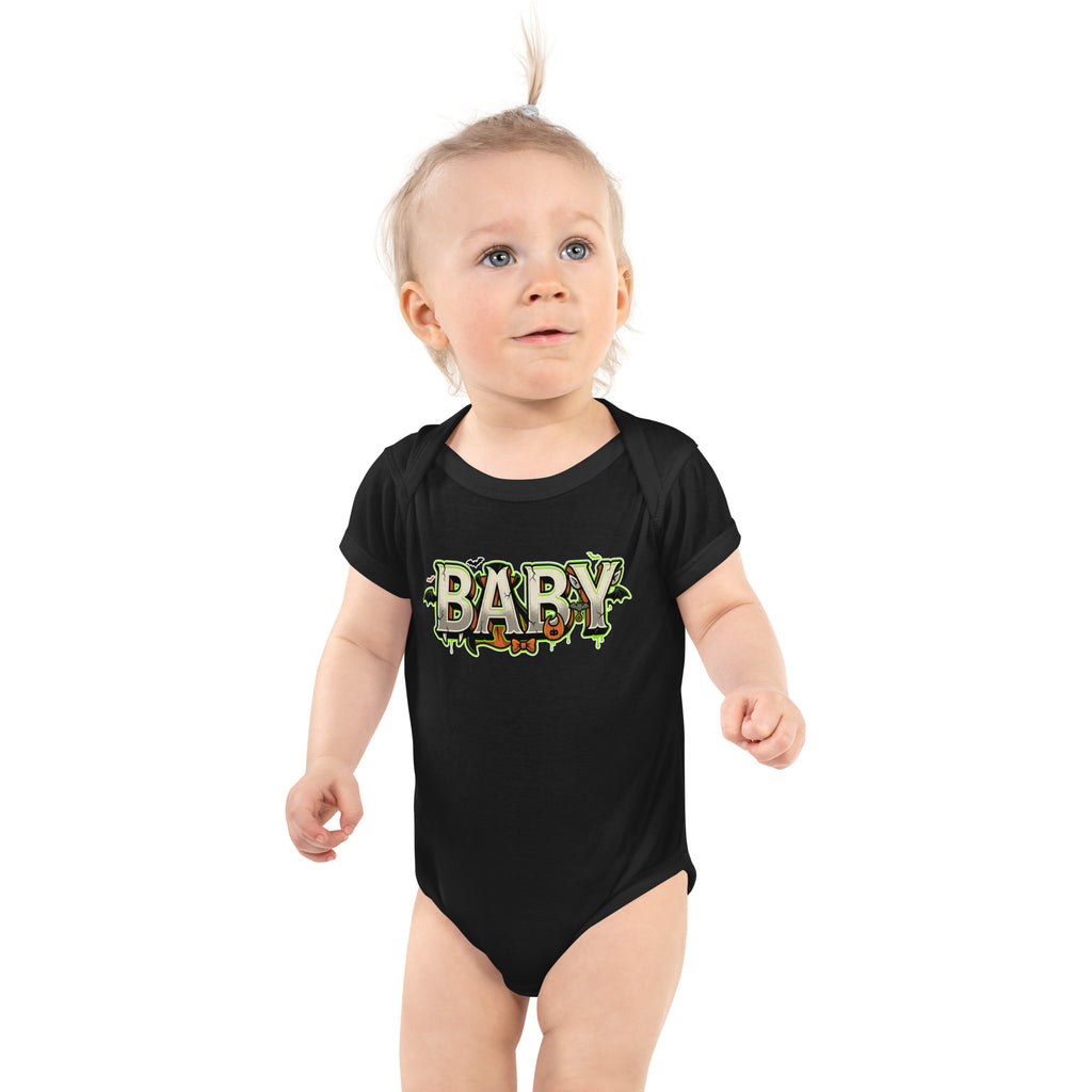 BABY Halloween monster name Infant Bodysuit in White with spooky front lettering and blank back