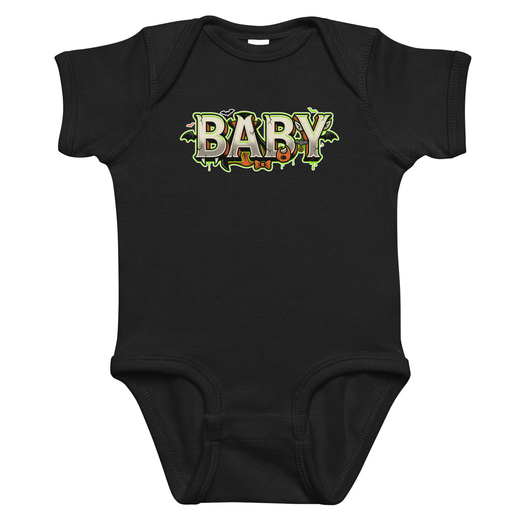 BABY Halloween monster name Infant Bodysuit in Black with spooky front lettering and blank back
