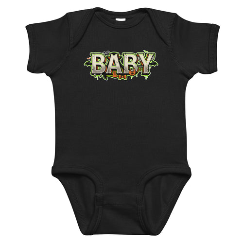 BABY Halloween monster name Infant Bodysuit in Black with spooky front lettering and blank back
