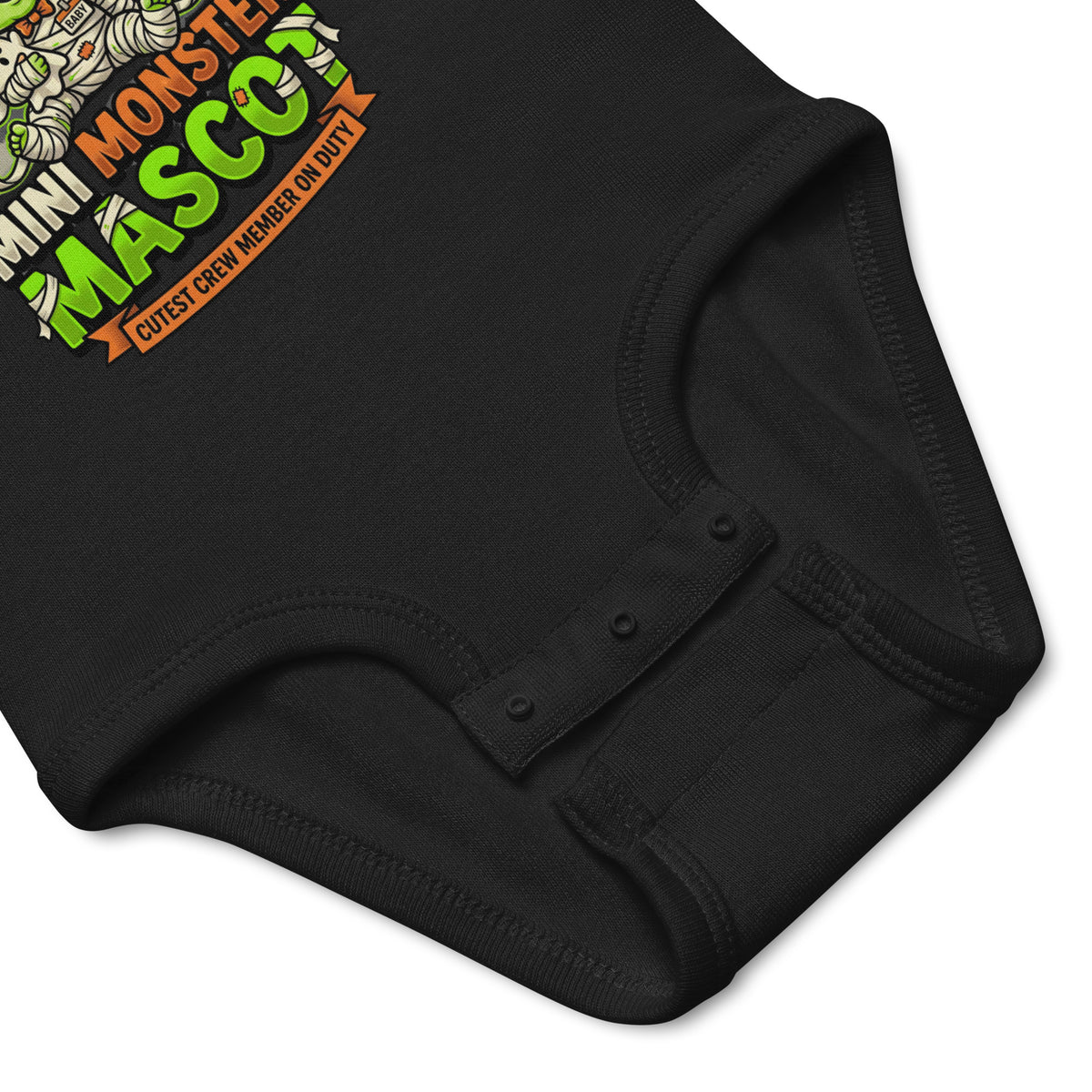 Haunted House Staff Lil Baby “Mini Monster Mascot” Infant Bodysuit with Mini Monster Mascot front design and matching LIL BABY back graphic for Halloween family outfits