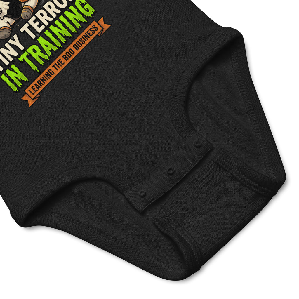 Haunted House Staff Baby “Tiny Terror in Training” Infant Bodysuit with Tiny Terror in Training front design and matching BABY back graphic for Halloween family outfits