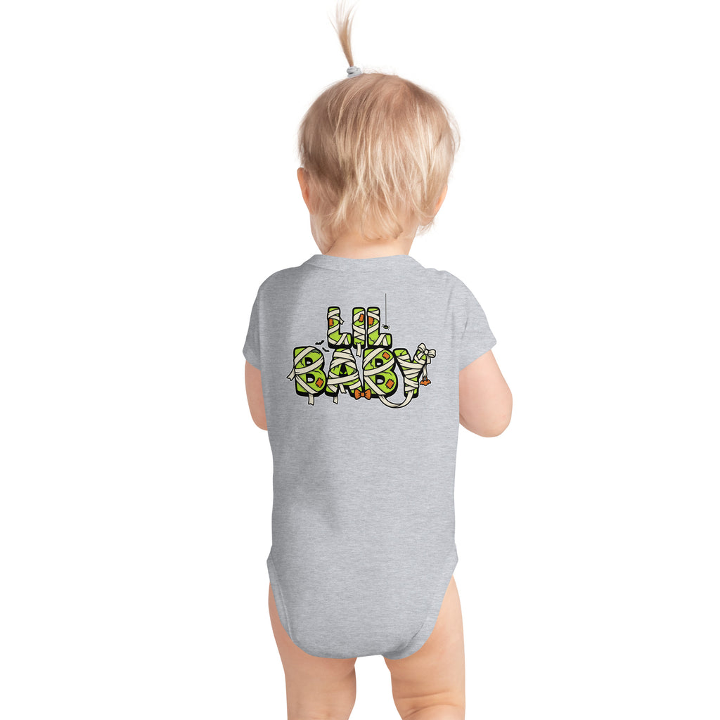 Haunted House Staff Lil Baby “Mini Monster Mascot” Infant Bodysuit with Mini Monster Mascot front design and matching LIL BABY back graphic for Halloween family outfits