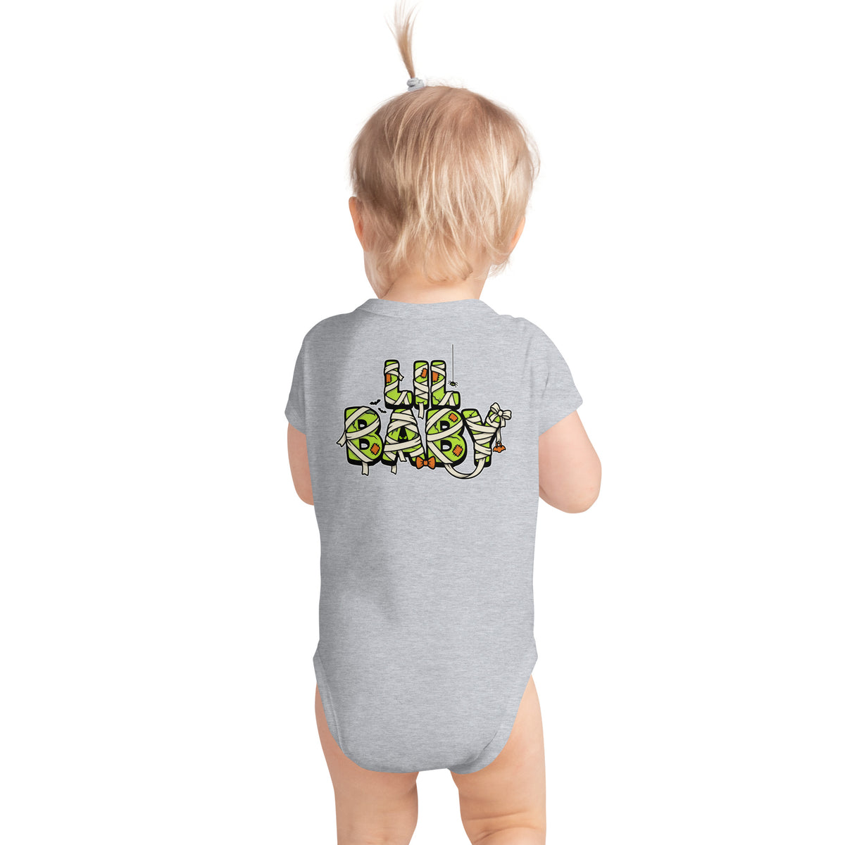 Haunted House Staff Lil Baby “Mini Monster Mascot” Infant Bodysuit with Mini Monster Mascot front design and matching LIL BABY back graphic for Halloween family outfits
