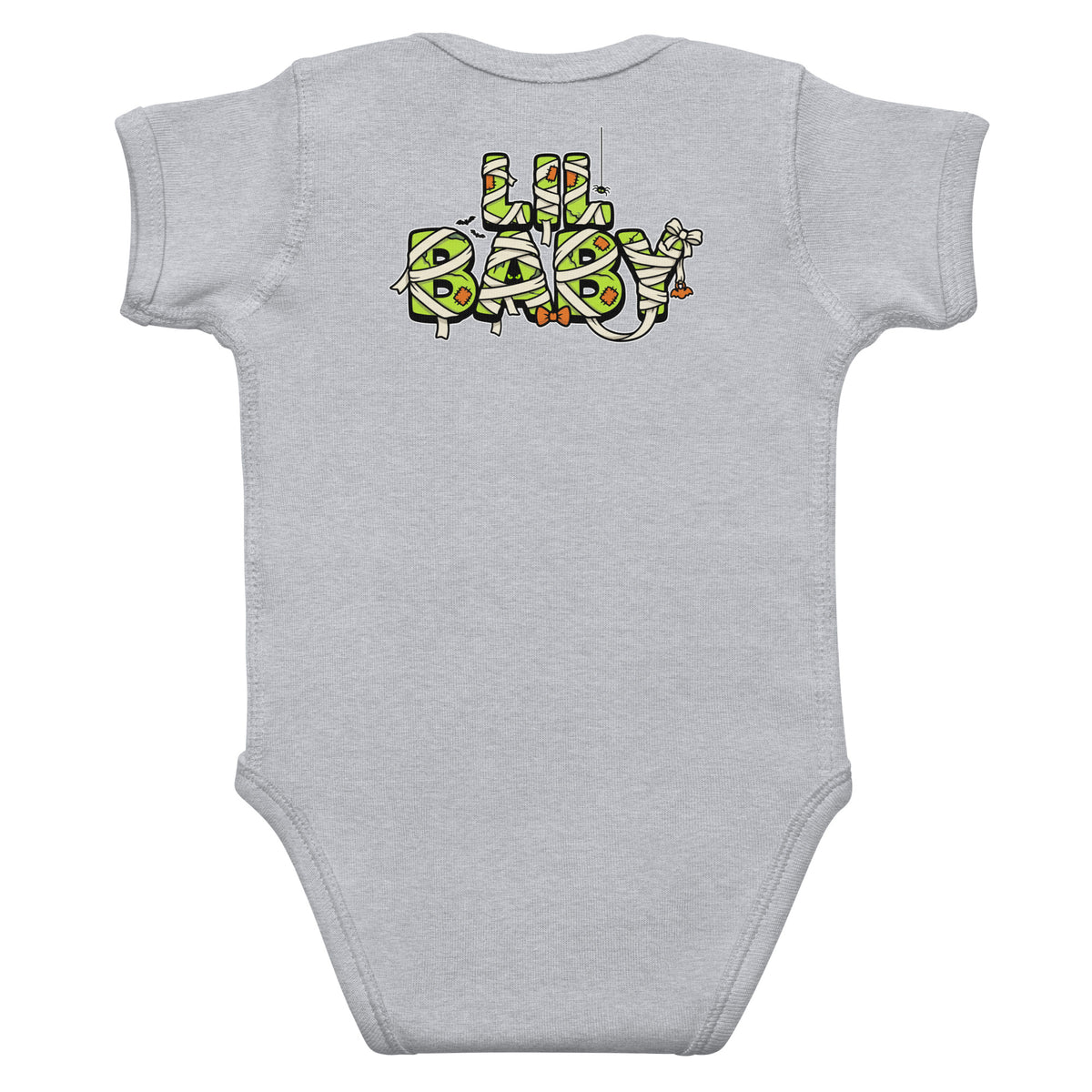 Haunted House Staff Lil Baby “Mini Monster Mascot” Infant Bodysuit with Mini Monster Mascot front design and matching LIL BABY back graphic for Halloween family outfits