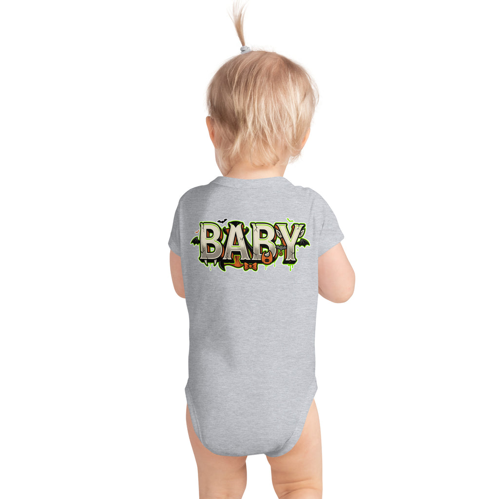 Haunted House Staff Baby “Tiny Terror in Training” Infant Bodysuit with Tiny Terror in Training front design and matching BABY back graphic for Halloween family outfits