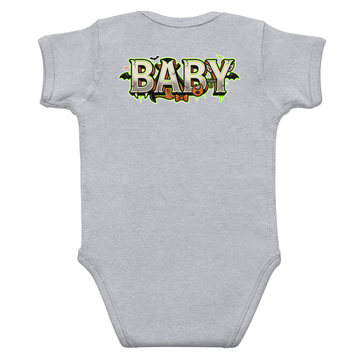 Haunted House Staff Baby “Tiny Terror in Training” Infant Bodysuit with Tiny Terror in Training front design and matching BABY back graphic for Halloween family outfits