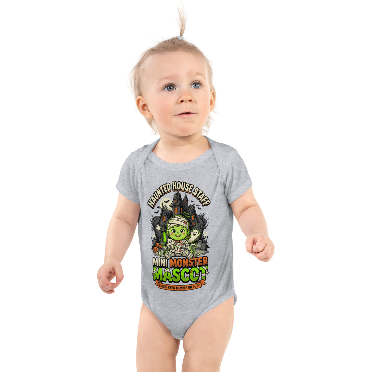 Haunted House Staff Lil Baby “Mini Monster Mascot” Infant Bodysuit with Mini Monster Mascot front design and matching LIL BABY back graphic for Halloween family outfits