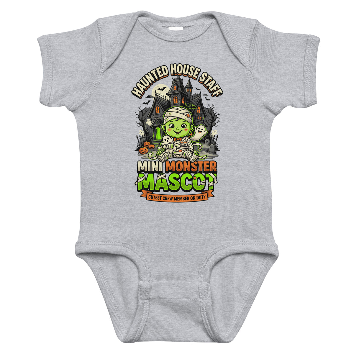Haunted House Staff Lil Baby “Mini Monster Mascot” Infant Bodysuit with Mini Monster Mascot front design and matching LIL BABY back graphic for Halloween family outfits
