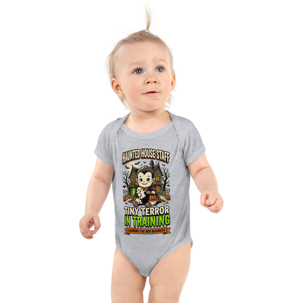 Haunted House Staff Baby “Tiny Terror in Training” Infant Bodysuit with Tiny Terror in Training front design and matching BABY back graphic for Halloween family outfits