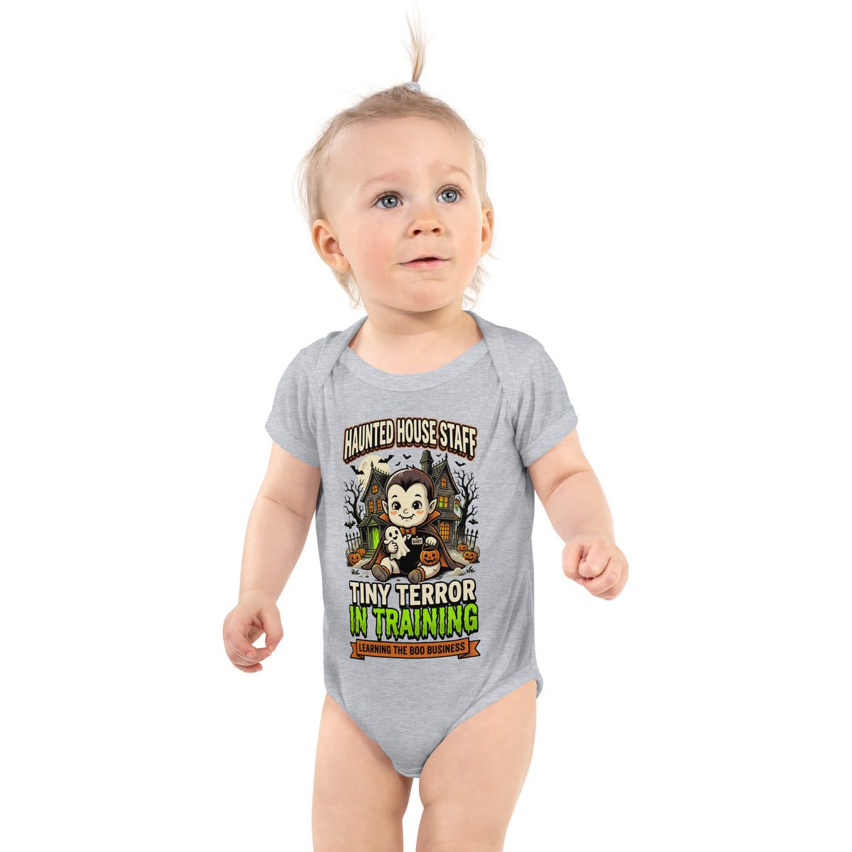 Haunted House Staff Baby “Tiny Terror in Training” Infant Bodysuit with Tiny Terror in Training front design and matching BABY back graphic for Halloween family outfits