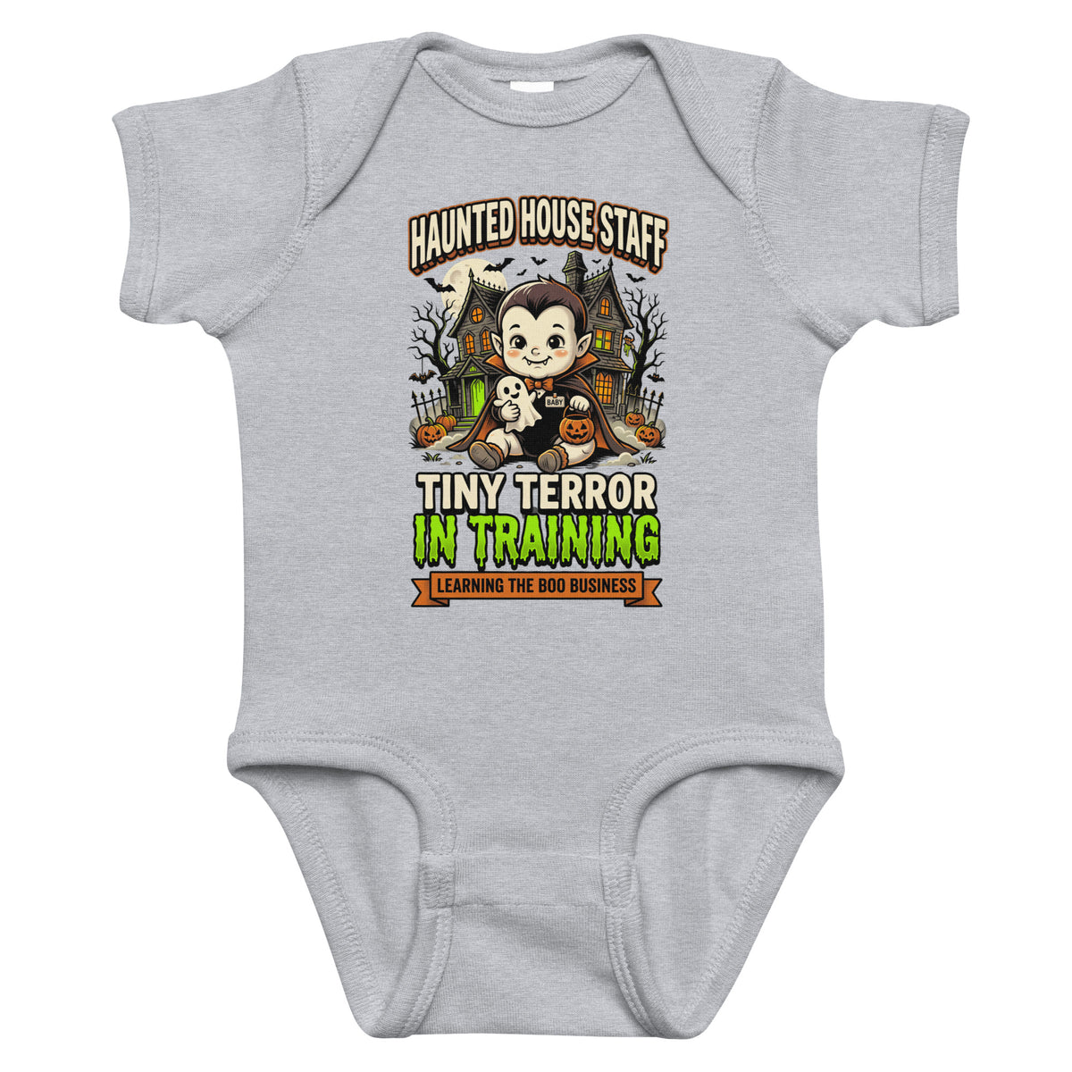 Haunted House Staff Baby “Tiny Terror in Training” Infant Bodysuit with Tiny Terror in Training front design and matching BABY back graphic for Halloween family outfits