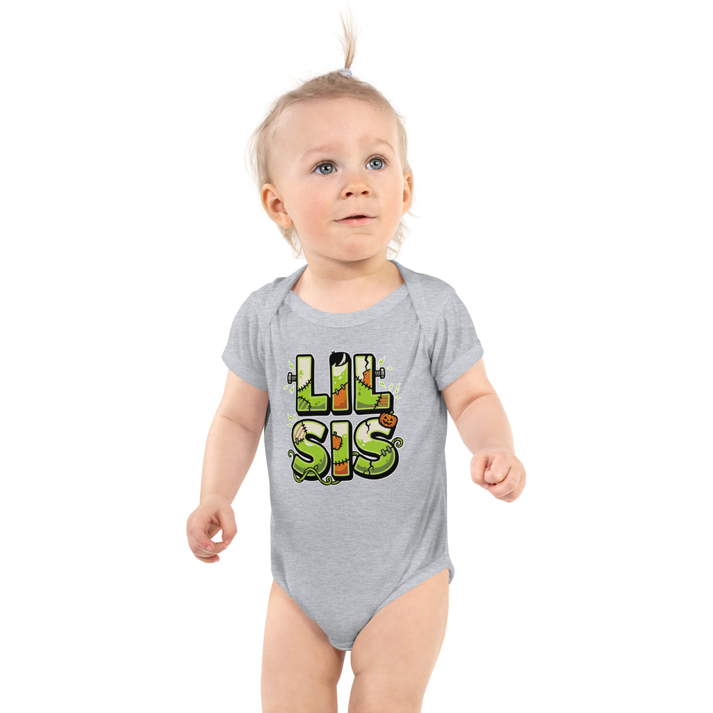 LIL SIS Halloween monster name Infant Bodysuit in White with spooky front lettering and blank back