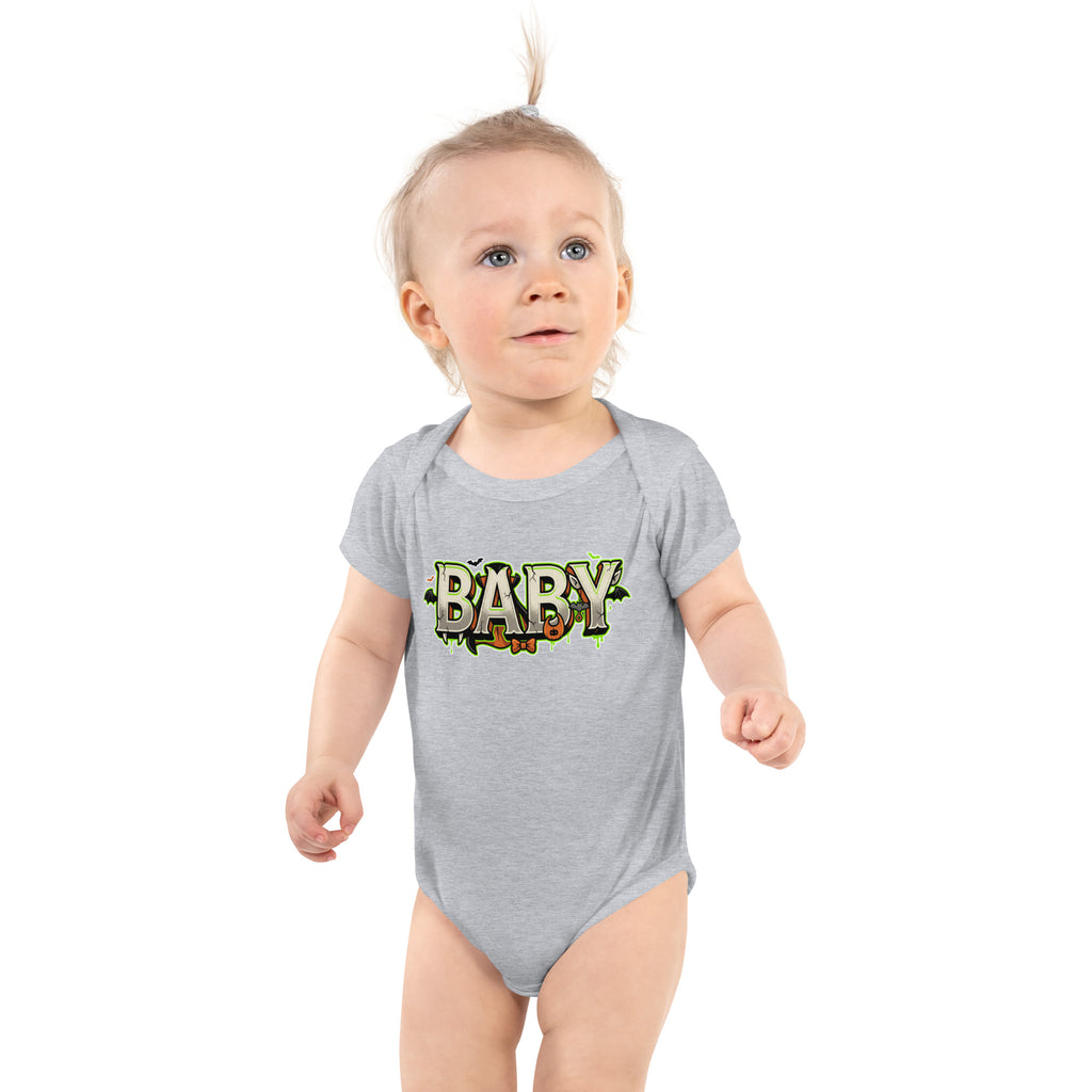 BABY Halloween monster name Infant Bodysuit in White with spooky front lettering and blank back
