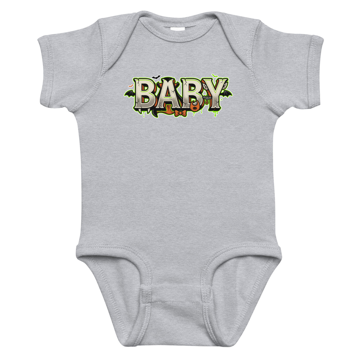 BABY Halloween monster name Infant Bodysuit in Black with spooky front lettering and blank back