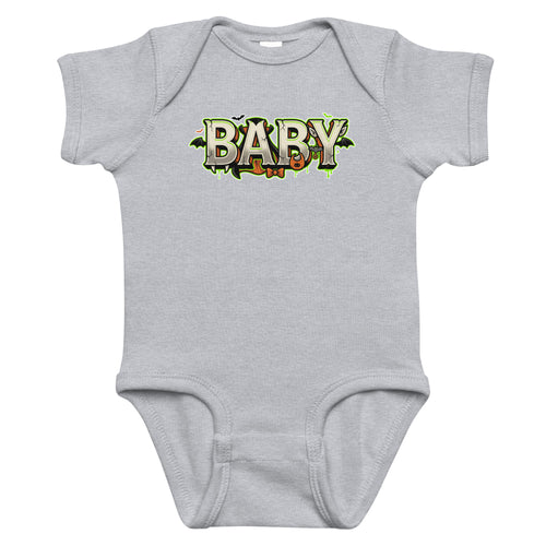 BABY Halloween monster name Infant Bodysuit in Black with spooky front lettering and blank back