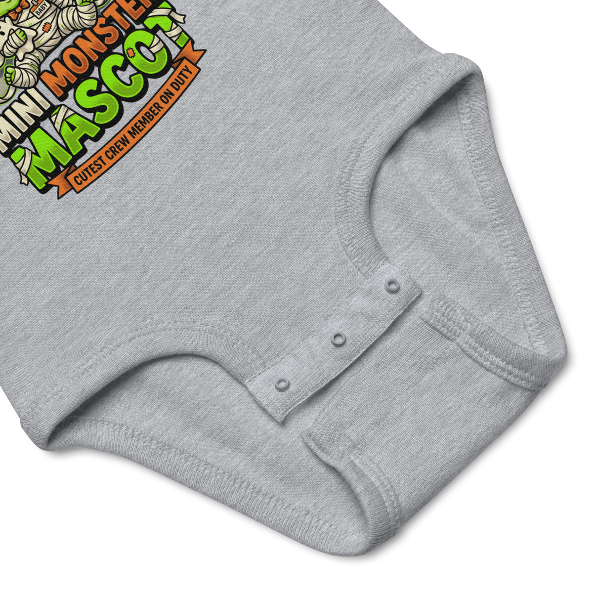 Haunted House Staff Lil Baby “Mini Monster Mascot” Infant Bodysuit with Mini Monster Mascot front design and matching LIL BABY back graphic for Halloween family outfits