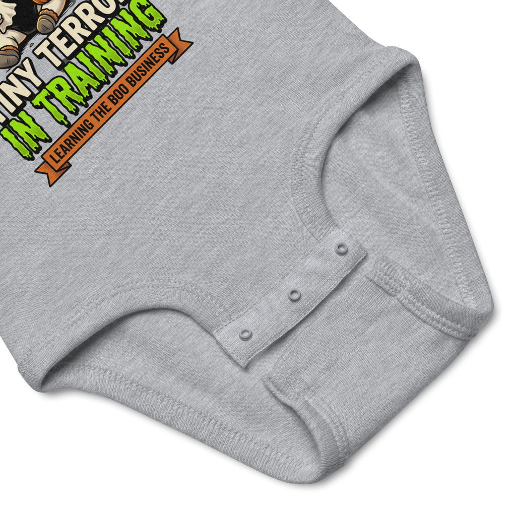 Haunted House Staff Baby “Tiny Terror in Training” Infant Bodysuit with Tiny Terror in Training front design and matching BABY back graphic for Halloween family outfits