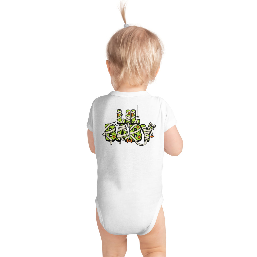 Haunted House Staff Lil Baby “Mini Monster Mascot” Infant Bodysuit with Mini Monster Mascot front design and matching LIL BABY back graphic for Halloween family outfits